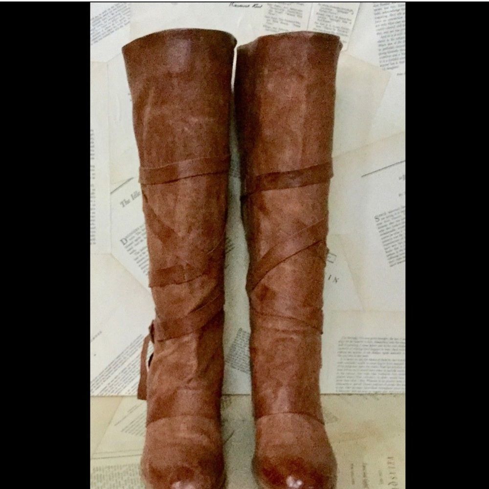 AS 98  Leather Wrap Tie Pull On Tall Heel Boots 39 - Picture 4 of 8